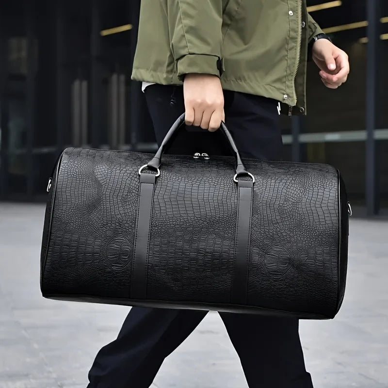Retro Crocodile-Textured PU Leather Travel Duffel Bag