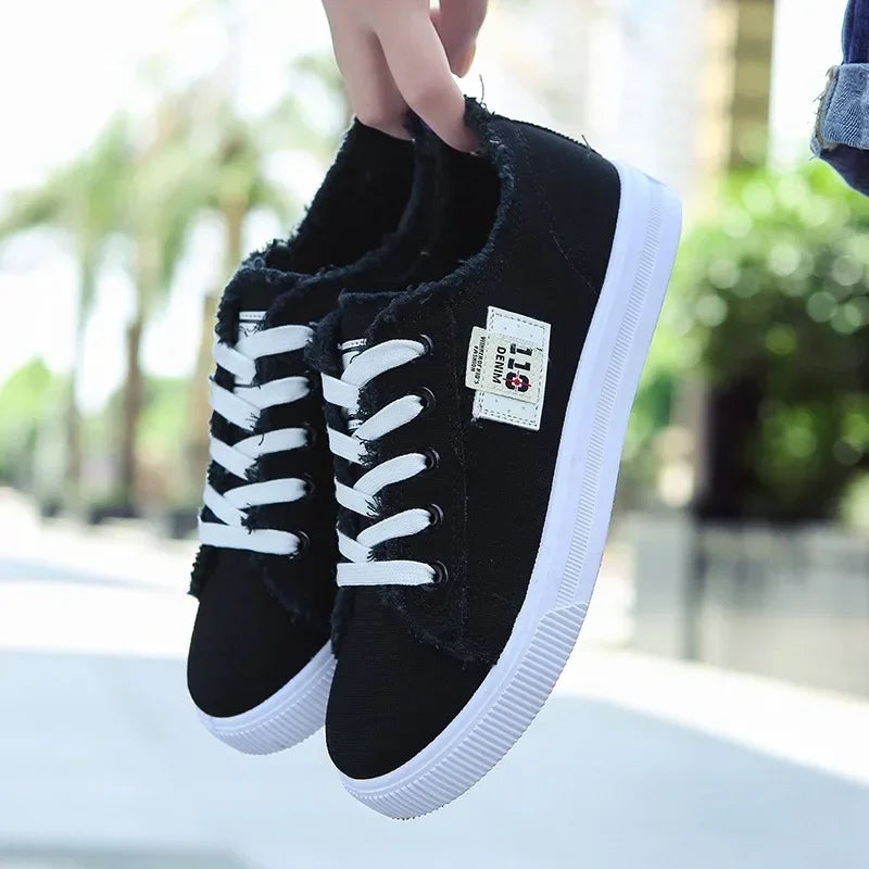 Women's Low-Top Canvas Sneakers – Lace-Up Flat Board Shoes for Spring & Summer