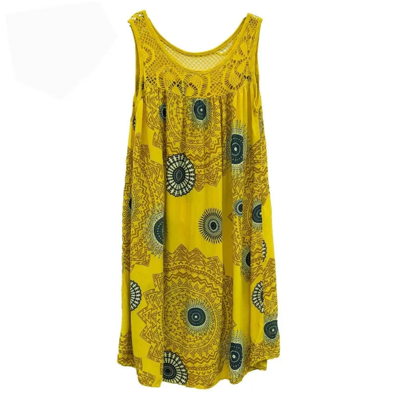 Women's Plus Size Boho Print Swing Dress – Lace Crochet Neck Sleeveless Camisole