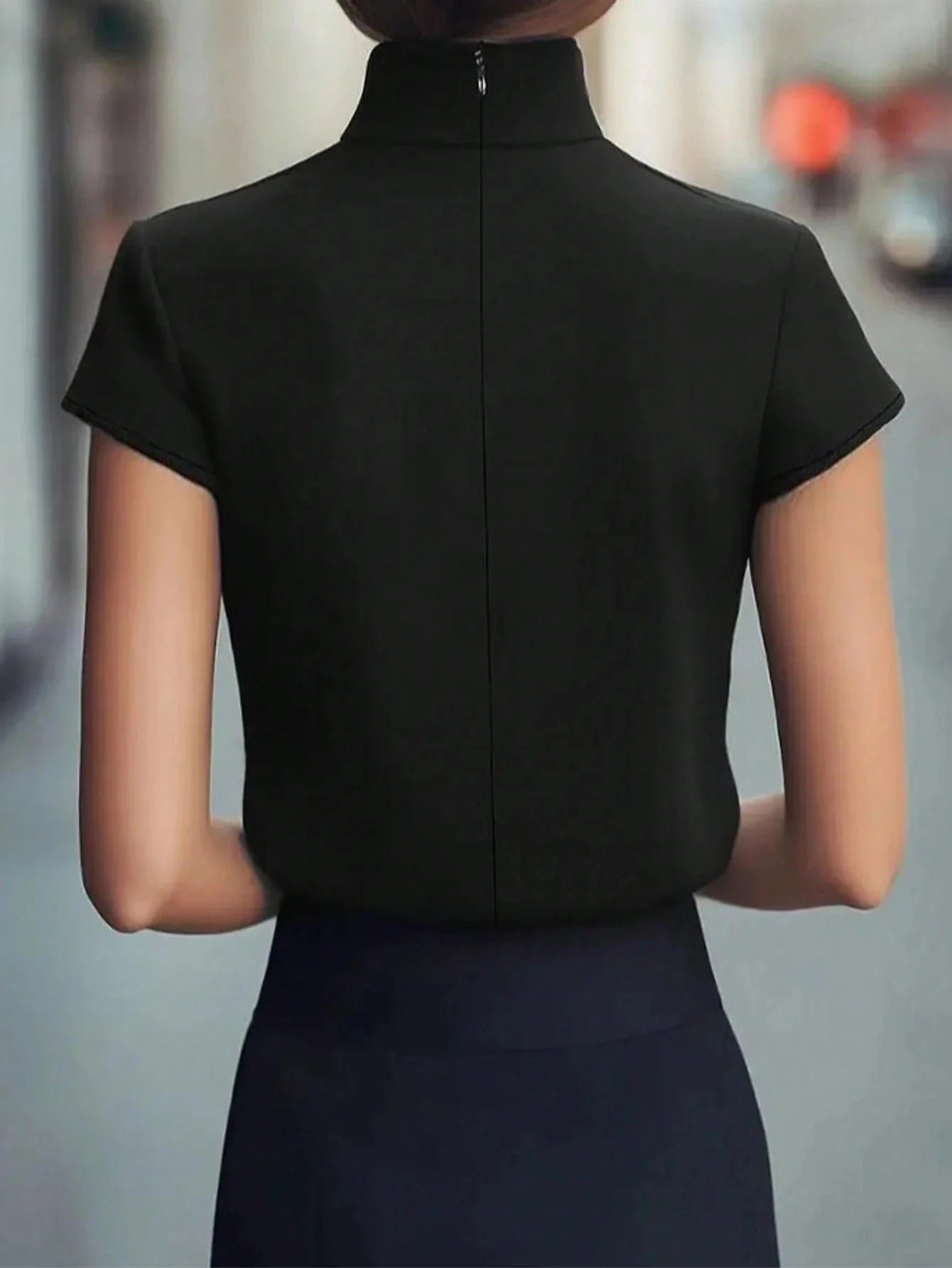 Women's Satin Pleated Blouse — Stand Collar, Short Sleeve