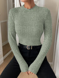 Women's Ribbed Knit Long Sleeve Top – Slim Fit Crew Neck Pullover