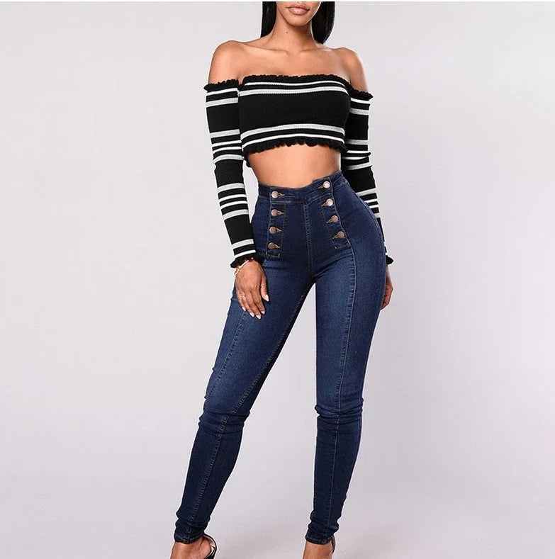 High-Waist Vintage Denim Pencil Pants