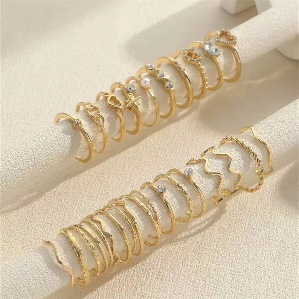 23-Piece Luxury Zircon Wave Ring Set for Women | Multi-Element Daily Wear