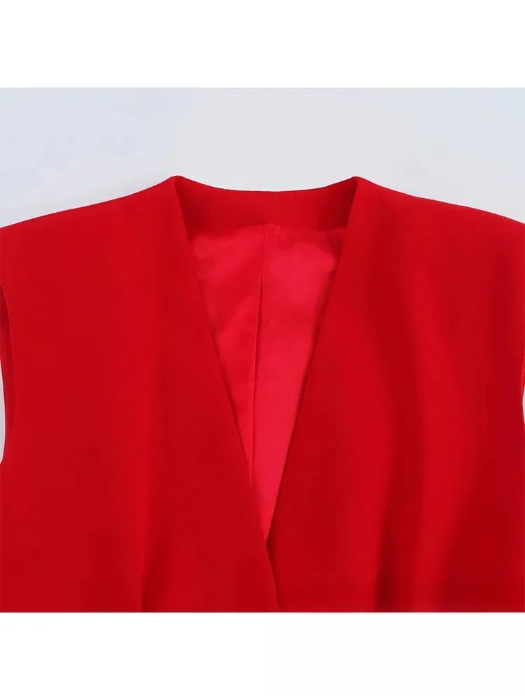 Women's Red V-Neck Vest Blazer & Wide-Leg Pants Suit Set
