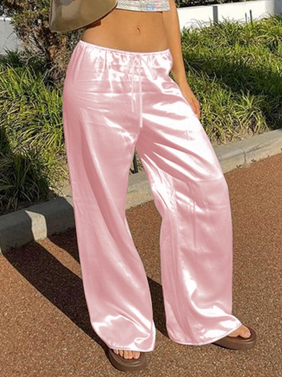 Elegantes pantalones de satén de pernera ancha para mujer, con estilo, cintura elástica, ajuste holgado, pantalones largos para ropa de calle, trabajo, color liso