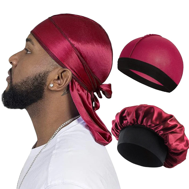 Silky Durag 3-Pack – Long Tail Wave Cap, Satin Bonnet & Headband for Men & Women