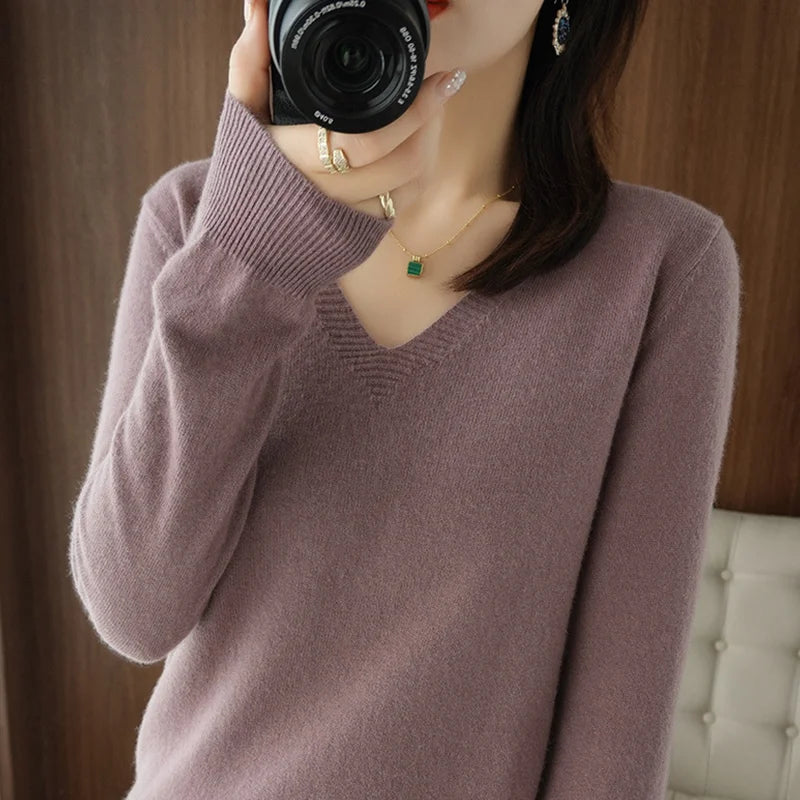 Women's V-Neck Lace Hollow-Out Knit Sweater | Casual Long Sleeve Pullover 10 Colors M-XXL