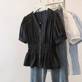 Women's Plus Size Puff Sleeve Blouse – V-Neck Smocked Waist Peplum Top