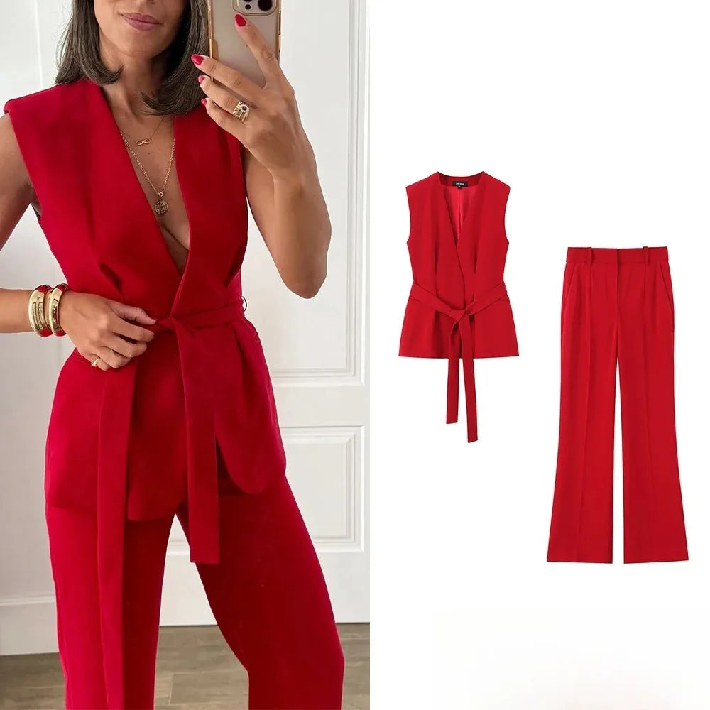 Women's Red V-Neck Vest Blazer & Wide-Leg Pants Suit Set
