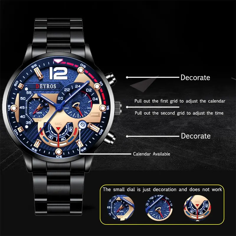 Men's Luxury Quartz Watch – Luminous Hands, Calendar & Sporty Dial
