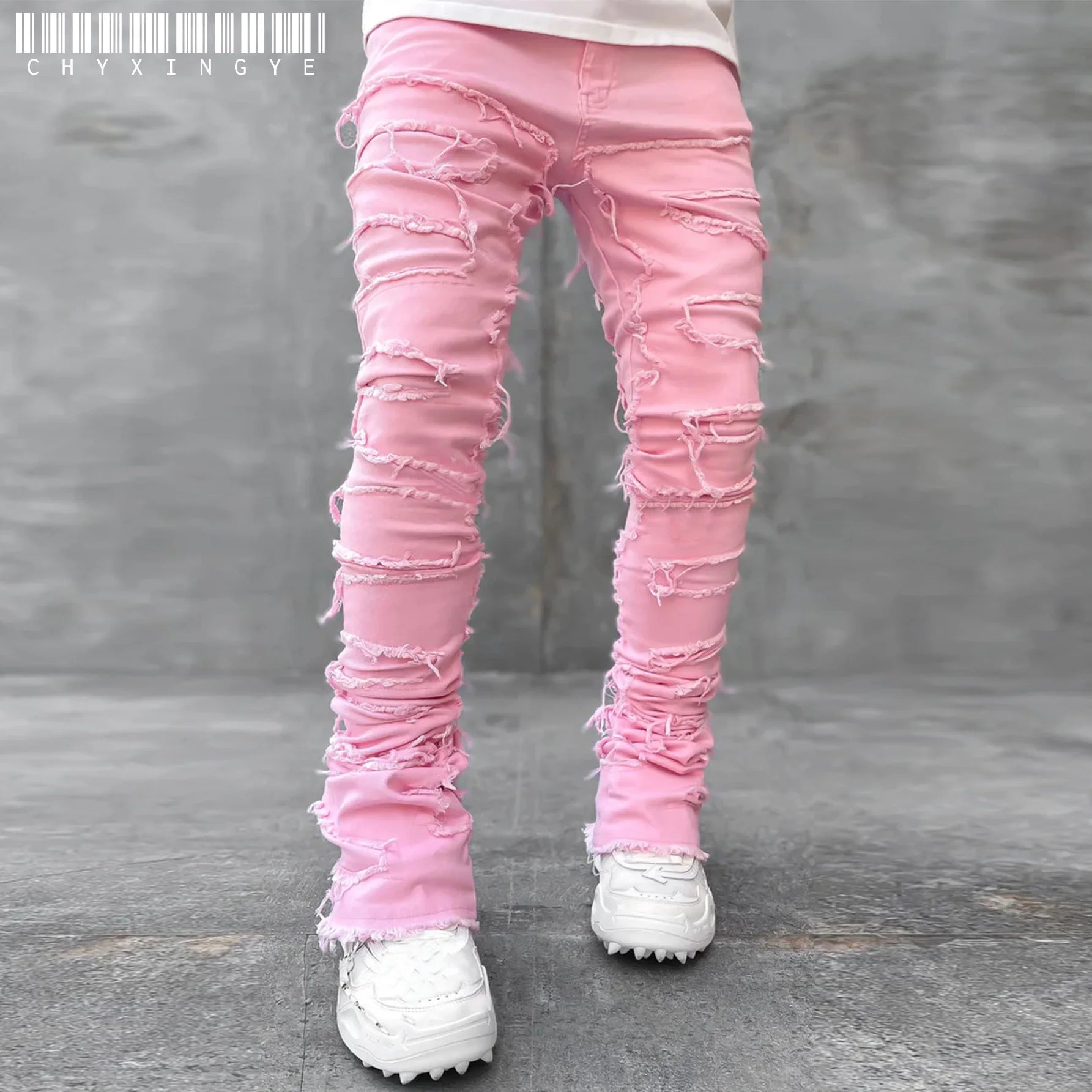 Unisex Stacked Ripped Distressed Slim Jeans