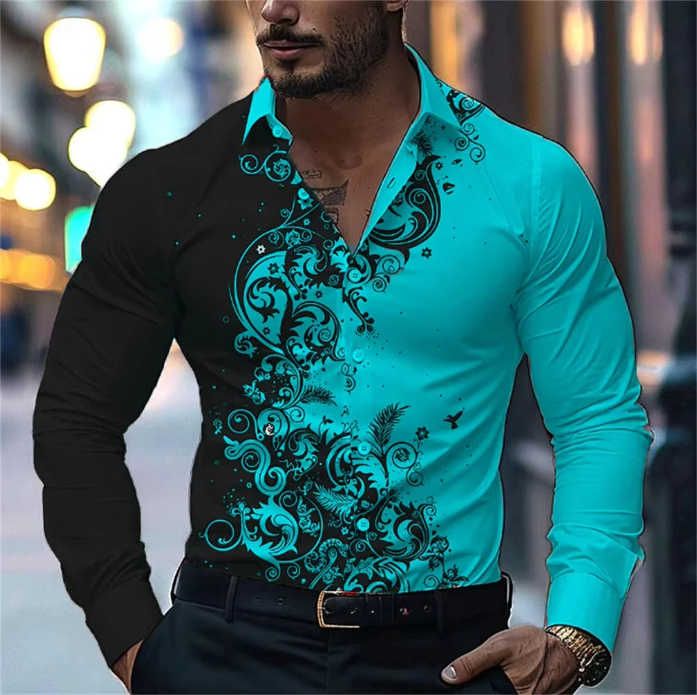 Men's Floral Print Dress Shirt - Long Sleeve Button-Up (S-5XL)