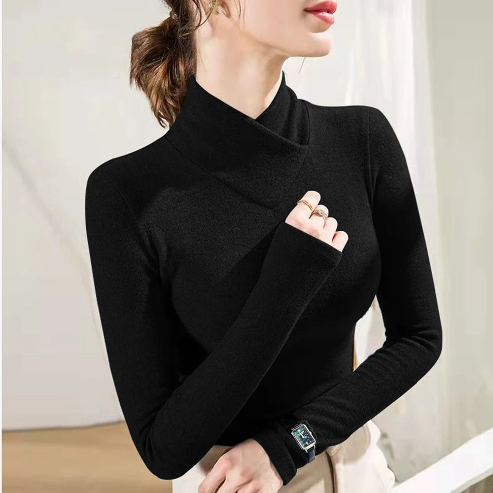 Crossover High Collar Long Sleeve Knit Top – 7 Colors