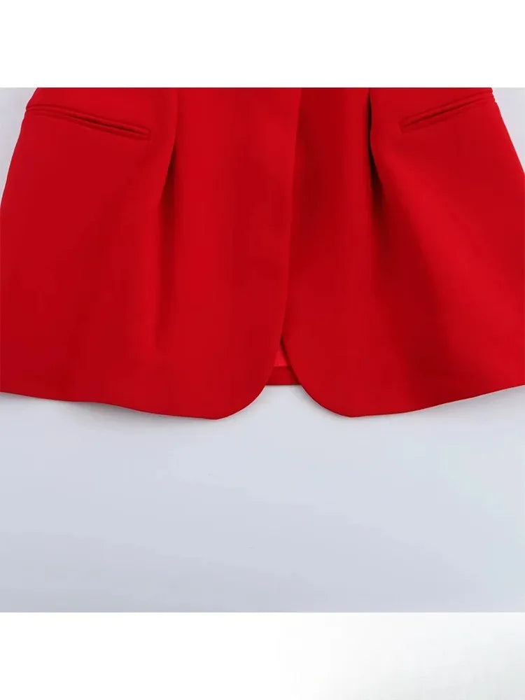 Women's Red V-Neck Vest Blazer & Wide-Leg Pants Suit Set