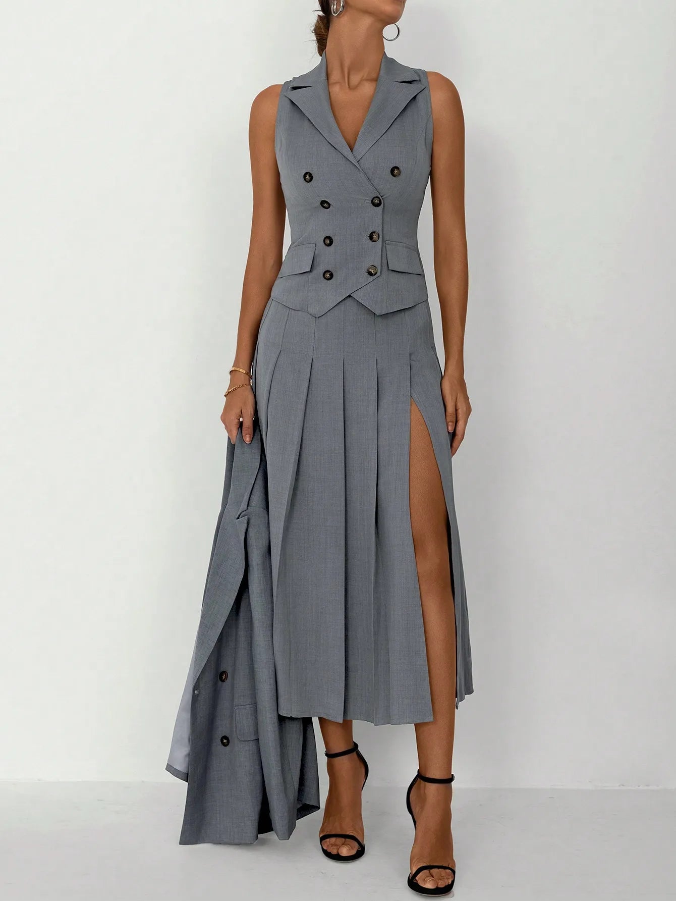Women's 3-Piece Elegant Business Suit Set – Blazer, Vest & Pleated Midi Skirt