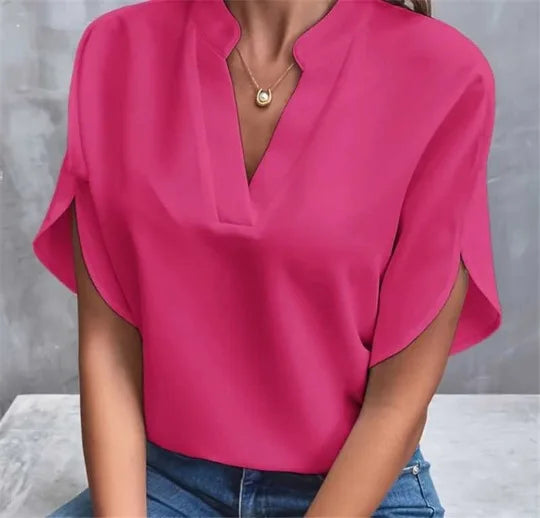 Women's V-Neck Blouse - Short Sleeve Loose Fit (S-XXL)