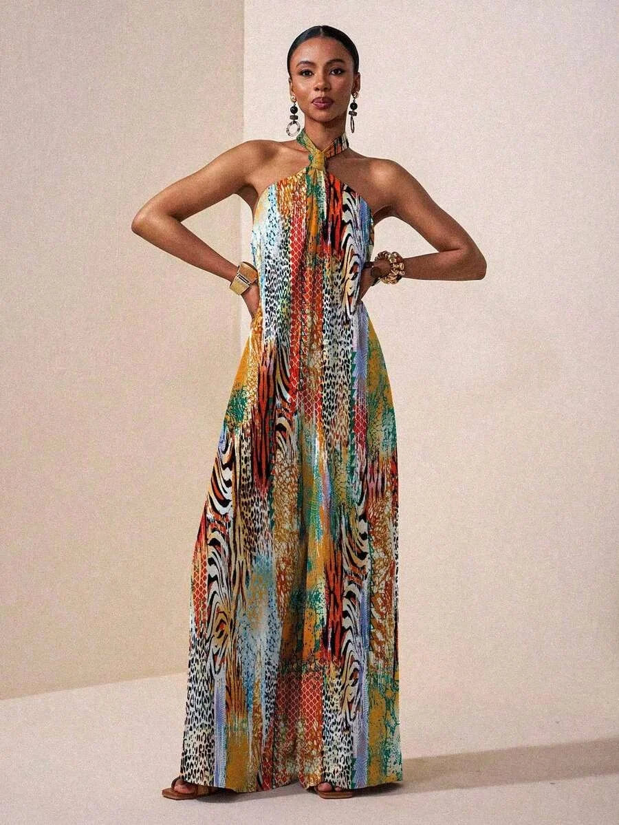 Women's Halter Neck Backless Boho Maxi Dress
