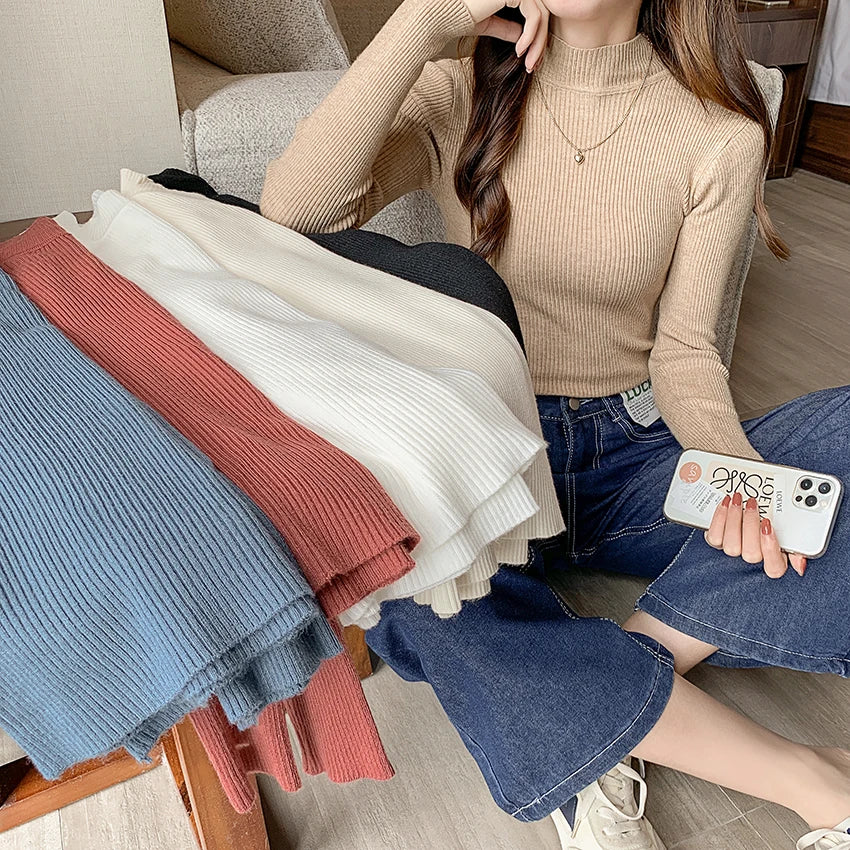 Women's Mock Neck Slim Knit Pullover | Vintage Basic Solid Sweater 11 Colors One Size