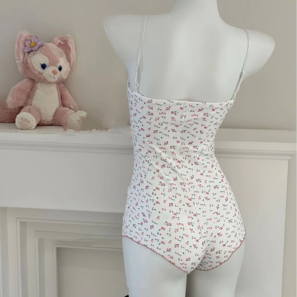 Women's Floral Print Spaghetti Strap Romper – Slim Fit Open Back Bodysuit