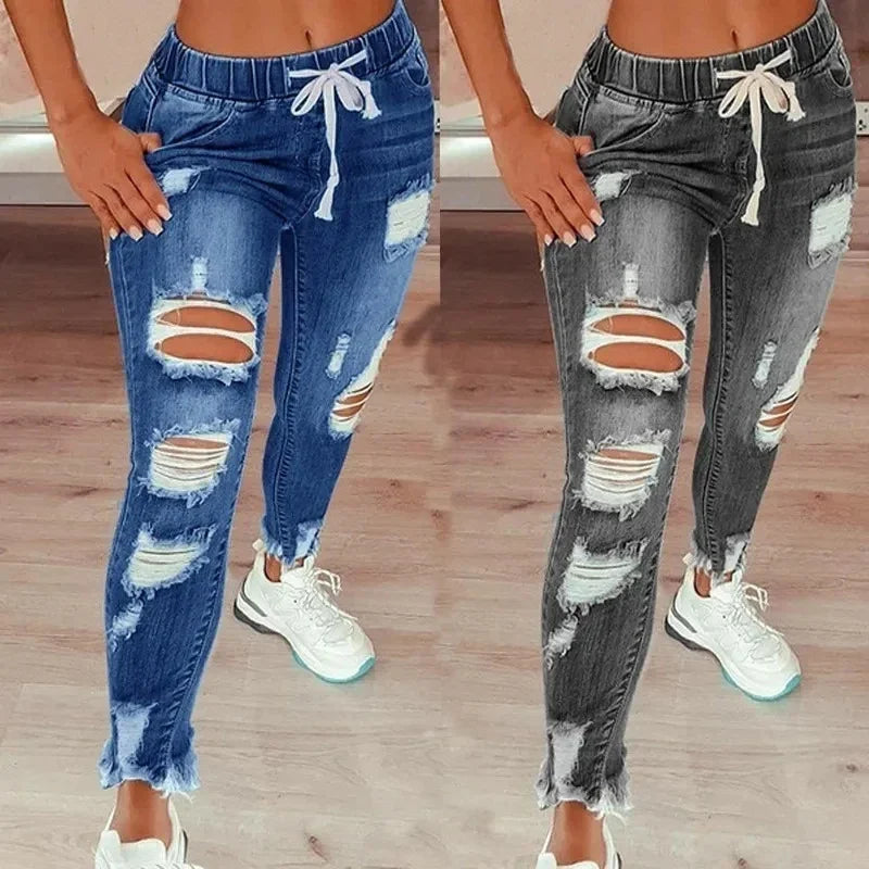High-Waist Ripped Drawstring Pencil Jeans – 4 Colors