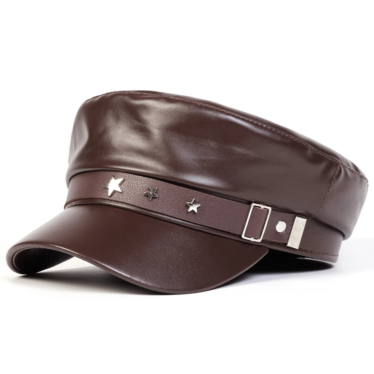 Moda Mujer Hebilla de cinturón grande Sombrero de cuero Primavera Otoño Sombreros de marinero Gorras de boina negras para mujer Gorras militares de capitán con parte superior plana para hombre