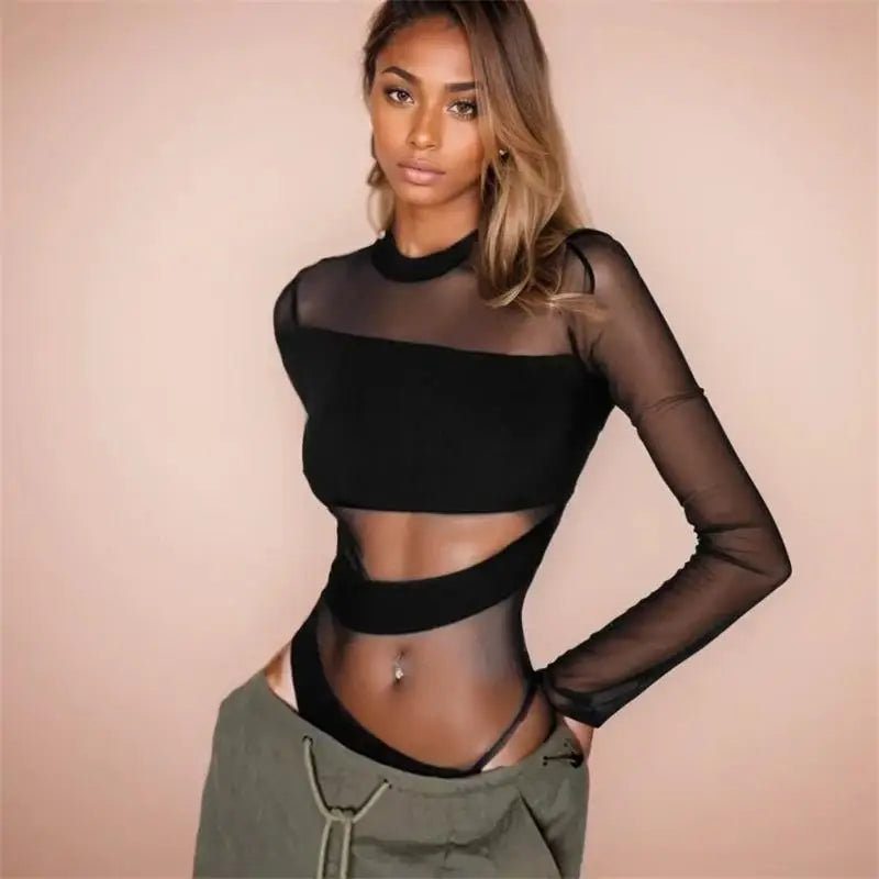 Women's Sheer Mesh Cut-Out Bodysuit – Long Sleeve Diagonal Hollow Clubwear