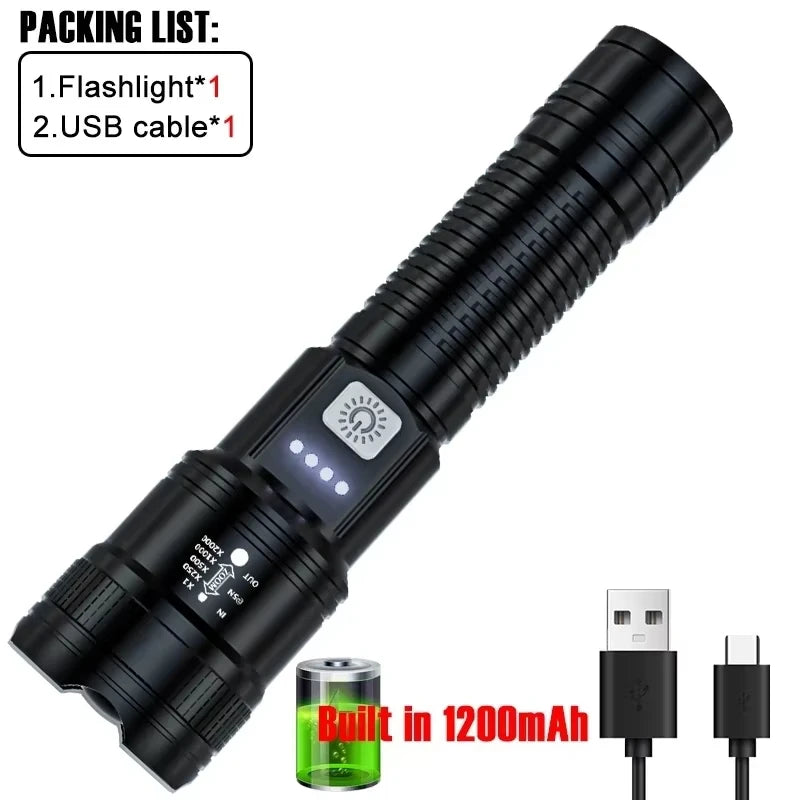Tactical LED Flashlight – 2000LM, Zoomable, USB Rechargeable & Power Bank