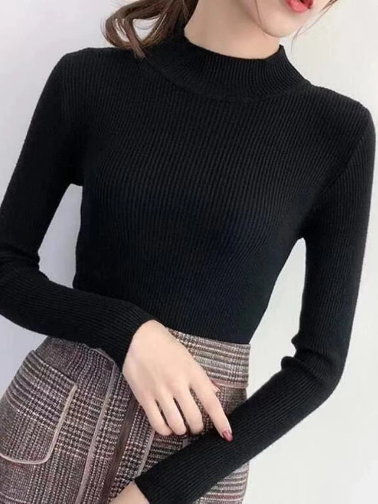Jersey de punto ajustado de cuello alto para mujer | Suéter básico liso vintage 11 colores talla única