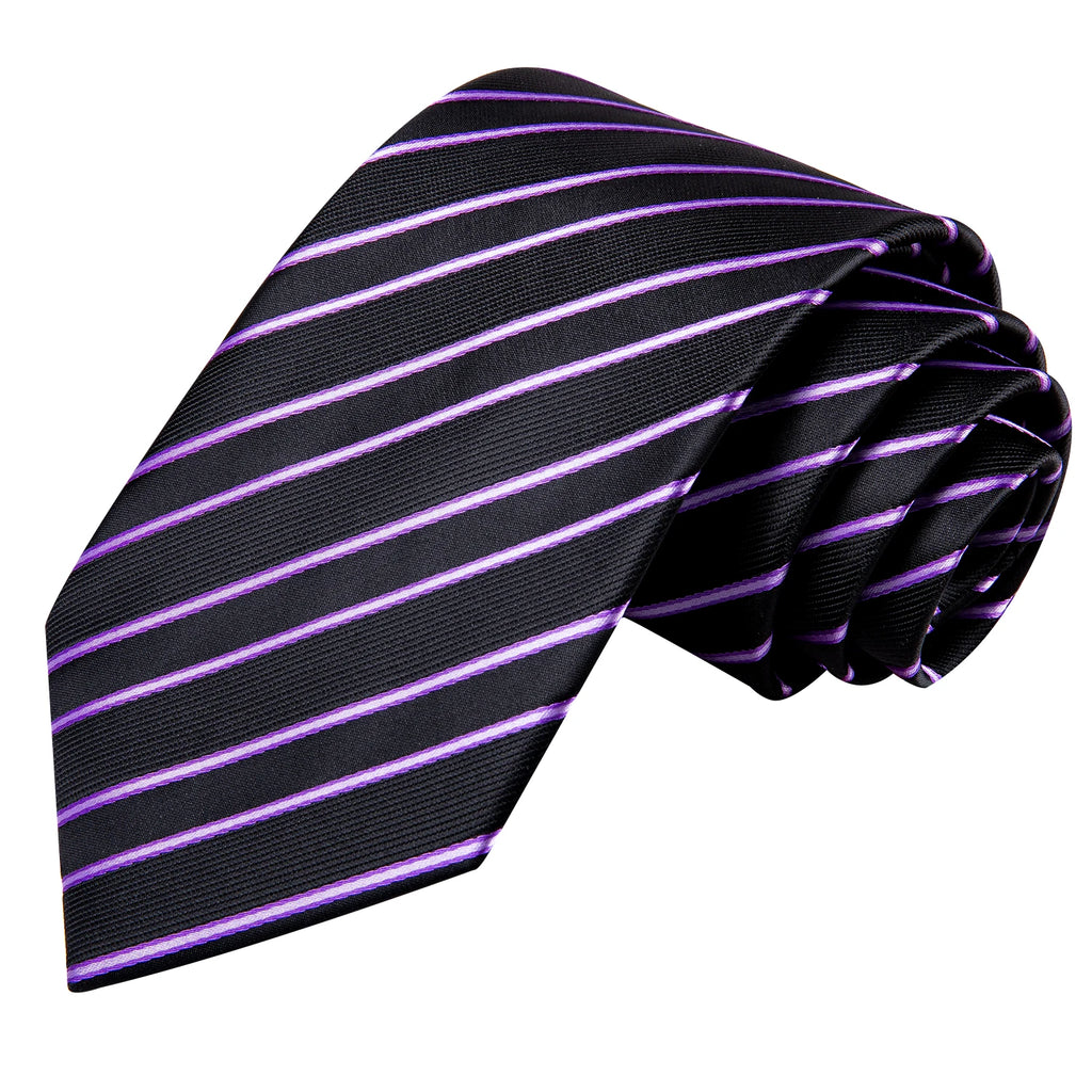 Striped Jacquard Necktie, Pocket Square & Cufflinks Set – Purple