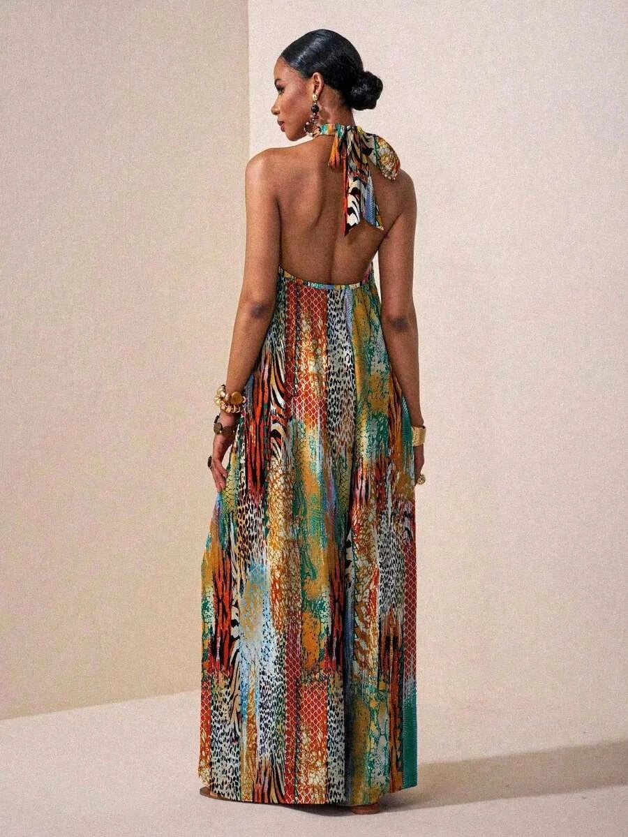 Women's Halter Neck Backless Boho Maxi Dress