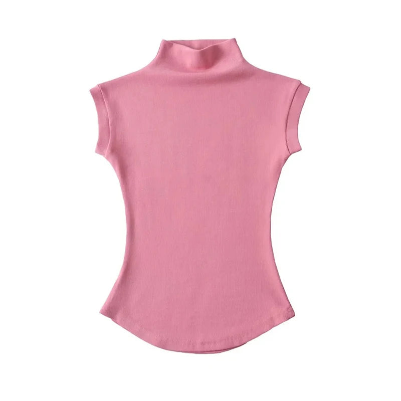 Camisetas sin mangas sexys de cuello alto para mujer, ajustadas, lisas, informales, de verano, camisetas básicas para la calle