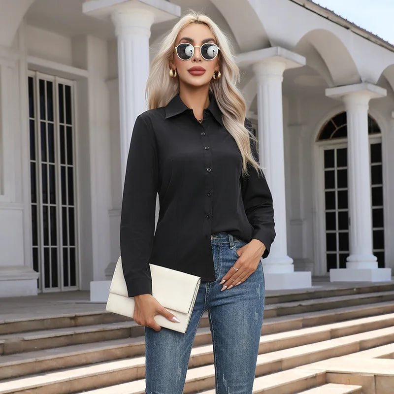 Women's Button Chiffon Blouse - Turn-Down Collar (S-XXXL)