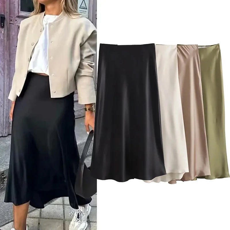 Satin High-Waist Midi Skirt – Solid Colors