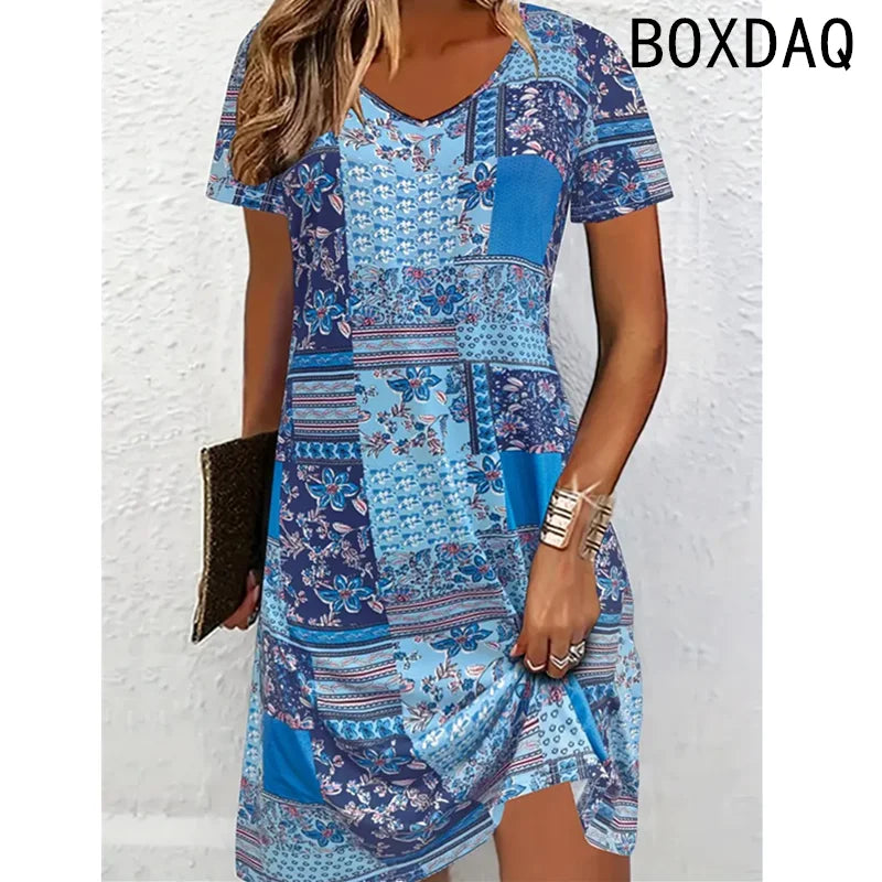 Women's Short Sleeve Printed A-Line Dress