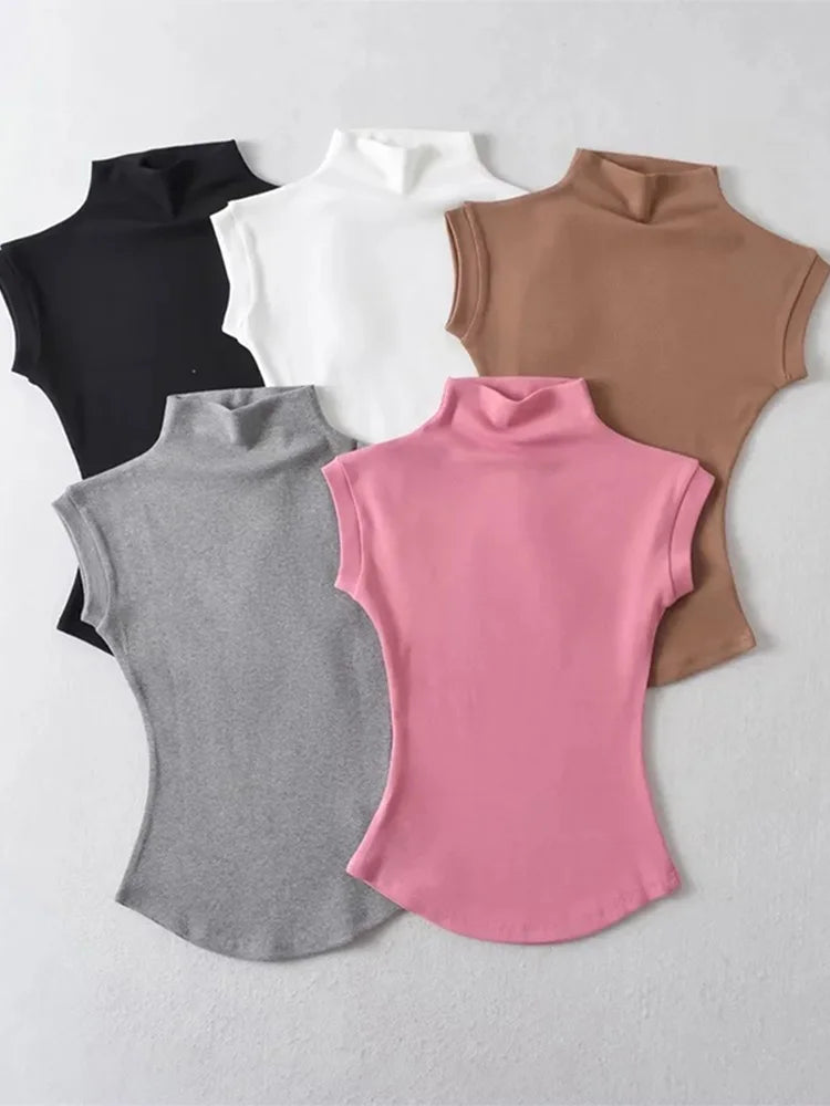 Camisetas sin mangas sexys de cuello alto para mujer, ajustadas, lisas, informales, de verano, camisetas básicas para la calle