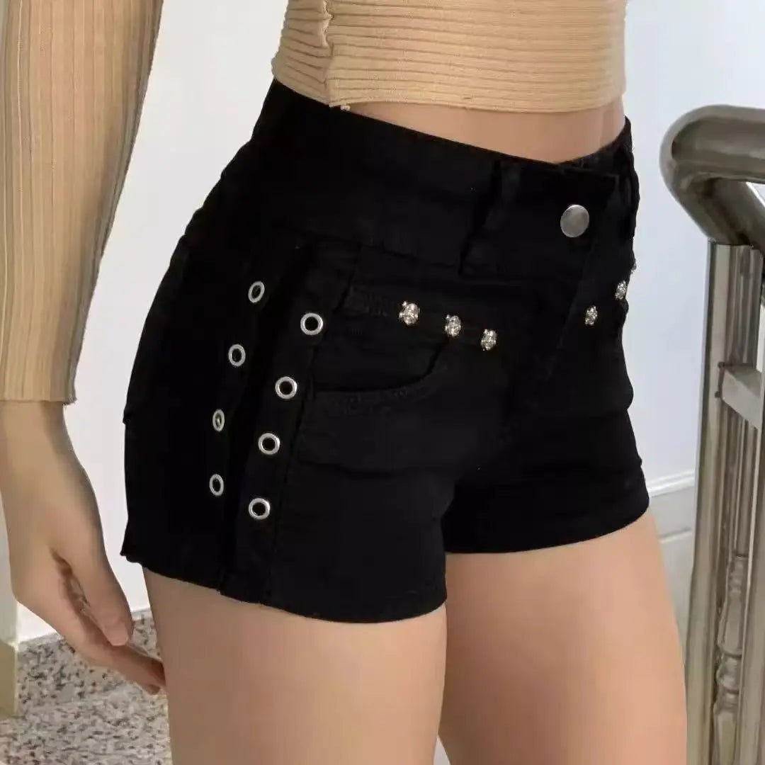 Lace-Up Skinny Denim Shorts – Black