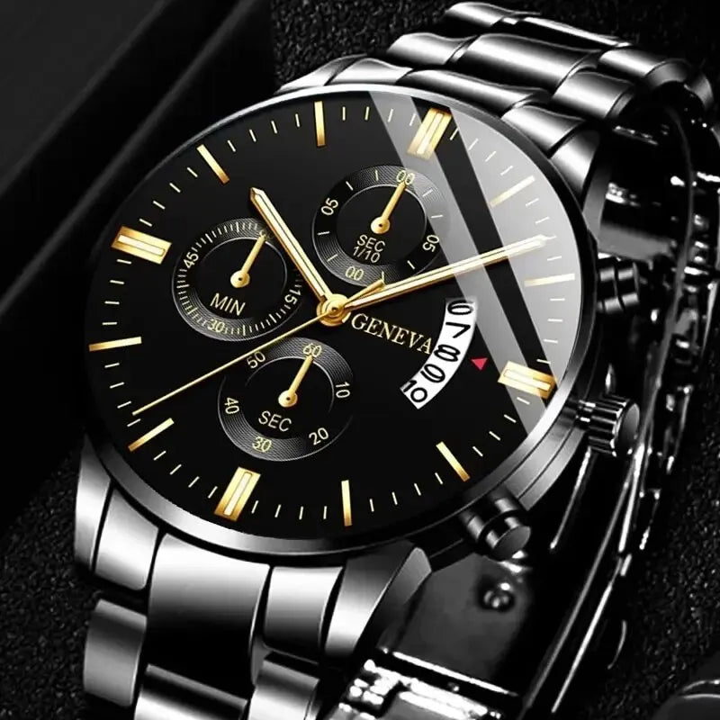 Men's Quartz Watch & Bracelet Gift Set – Calendar Chronograph-Style Dial