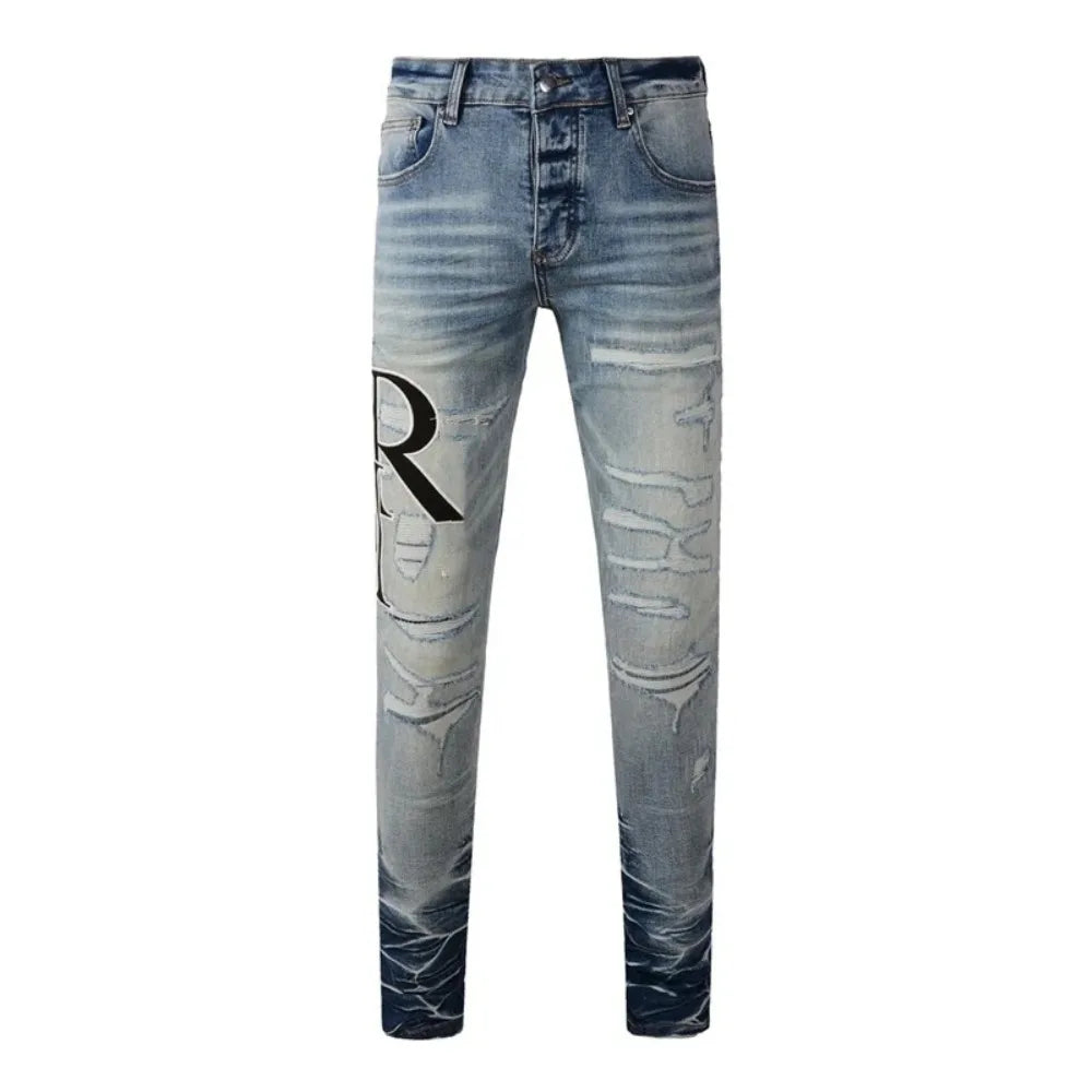 Slim Fit Ripped Denim Jeans – Retro American Streetwear