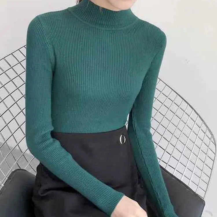Women's Mock Neck Slim Knit Pullover | Vintage Basic Solid Sweater 11 Colors One Size
