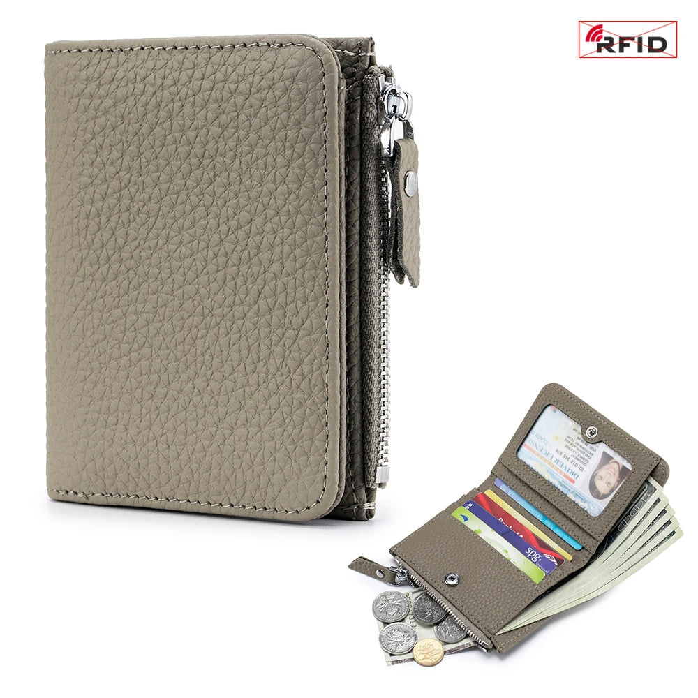 Genuine Cow Leather Short Wallet — RFID Blocking Card Holder & Coin Purse