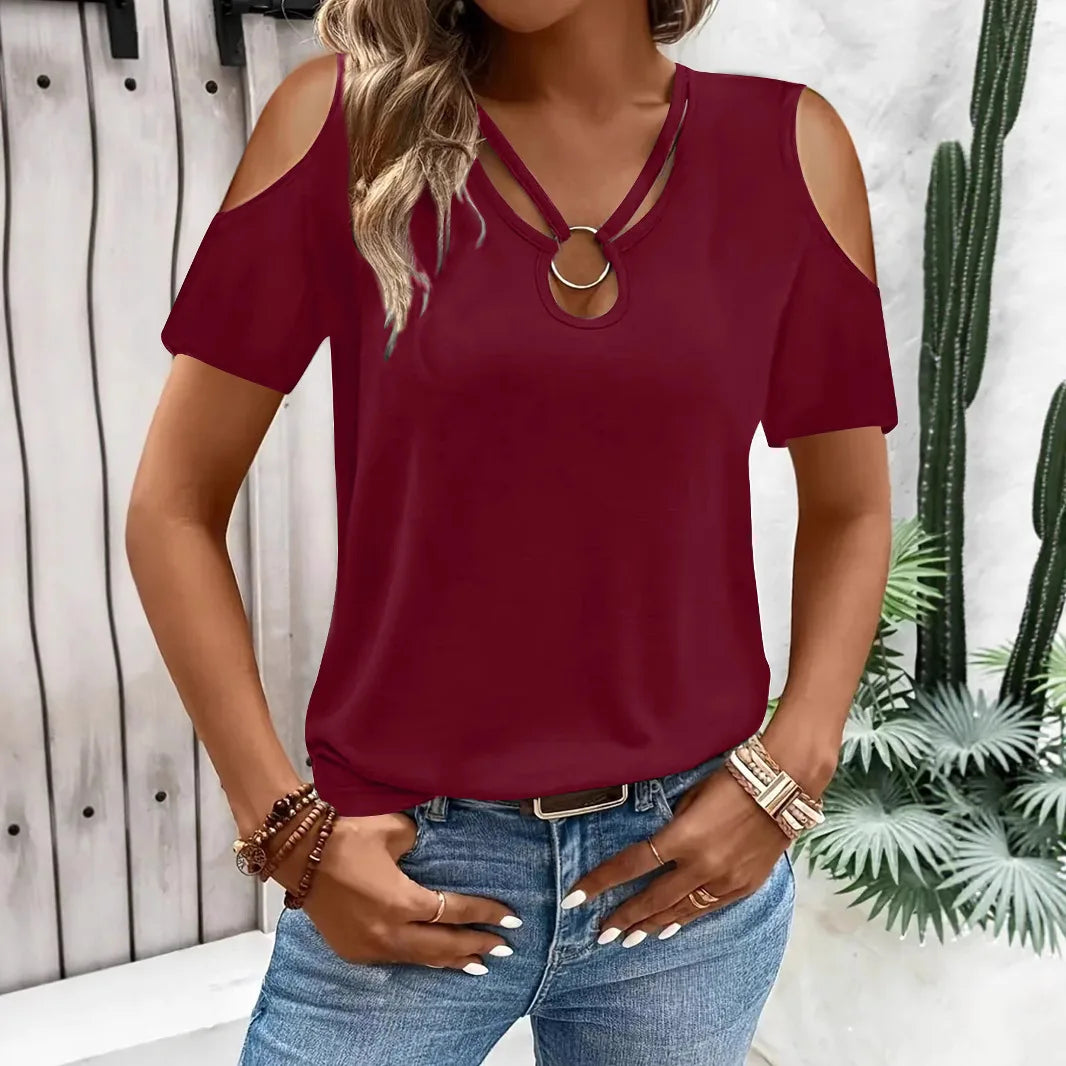 Women's Hollow Out Blouse - Off Shoulder Cross V-Neck (S-XXL)