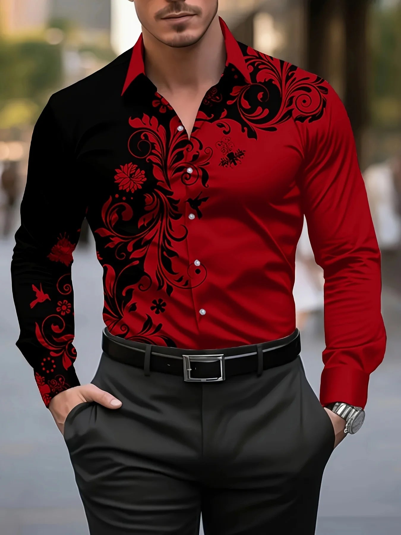 Men's Floral Print Dress Shirt - Long Sleeve Button-Up (S-5XL)