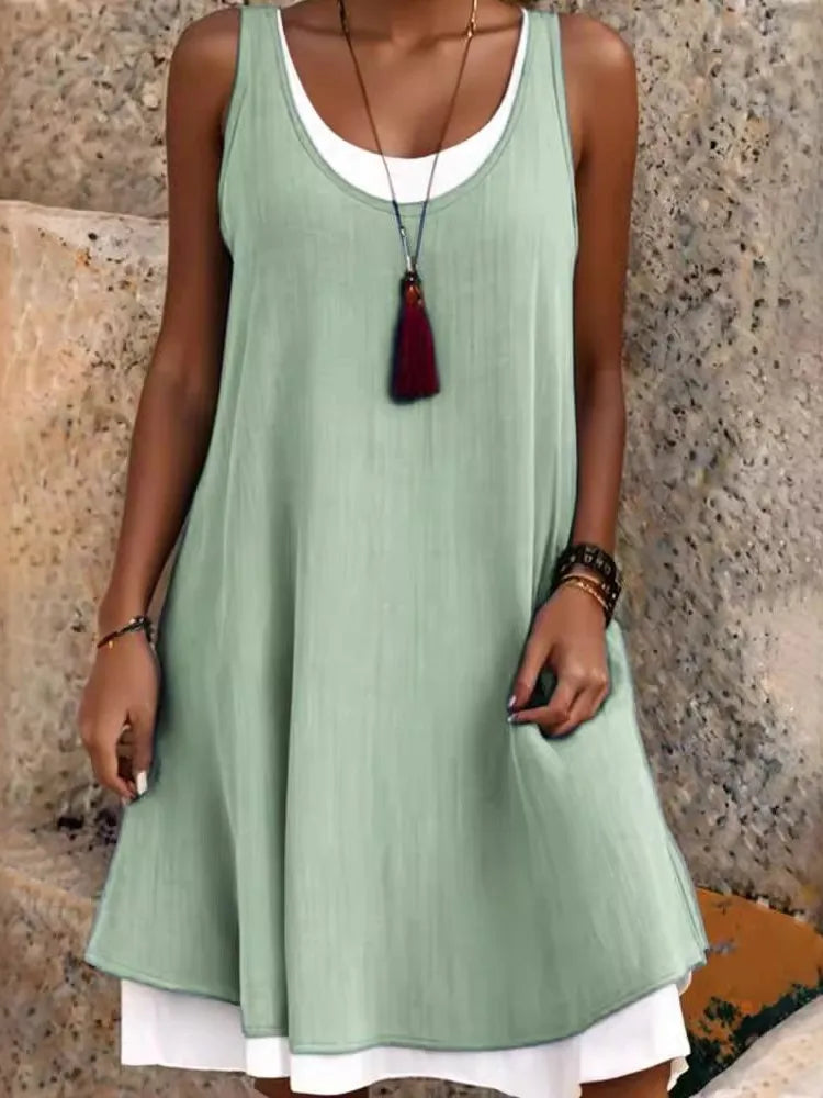 Women's Sleeveless Fake Two-Piece Loose A-Line Dress