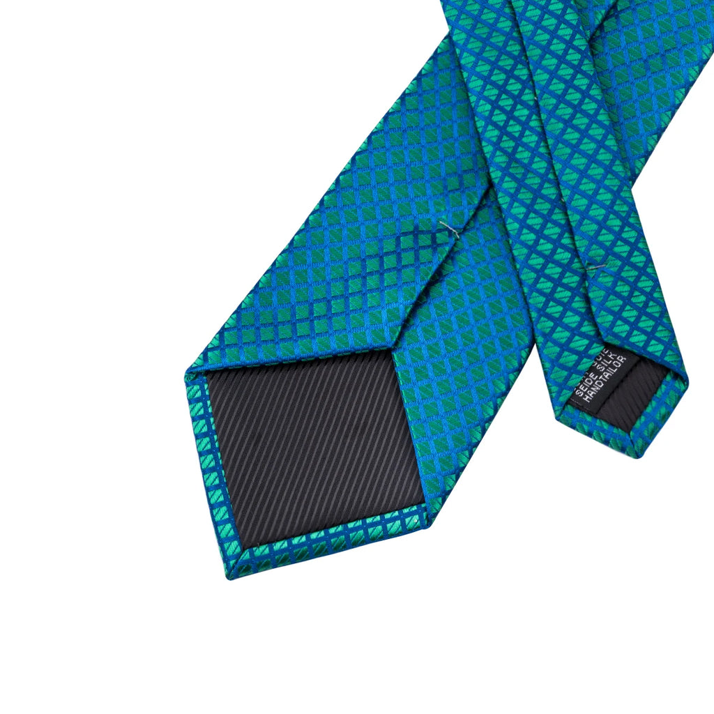 Plaid Jacquard Necktie, Pocket Square & Cufflinks Set – Blue & Green