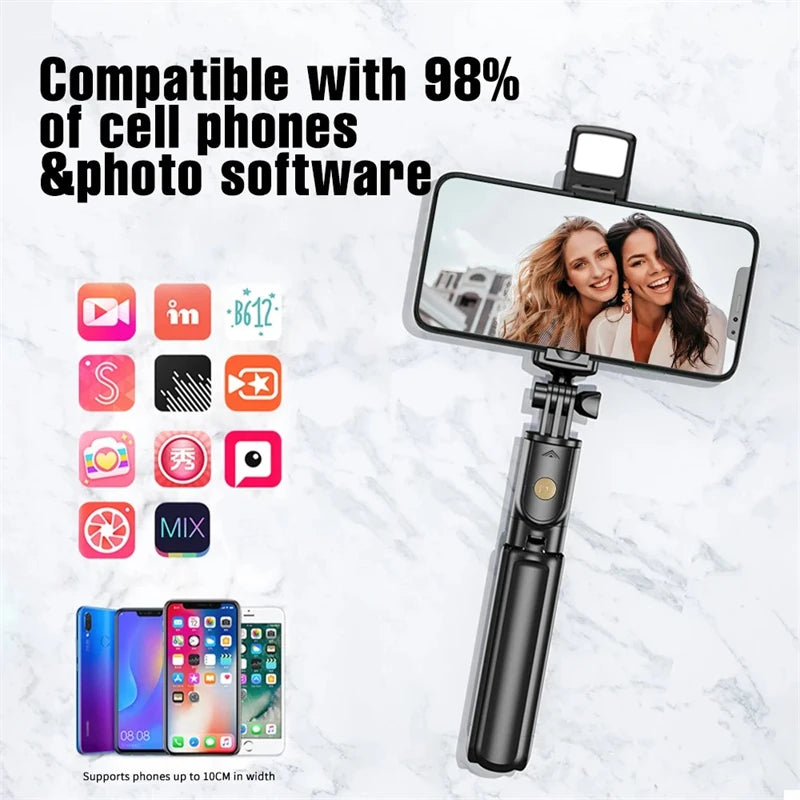 3-in-1 Selfie Stick Tripod – Fill Light, Bluetooth Remote & Foldable Stand