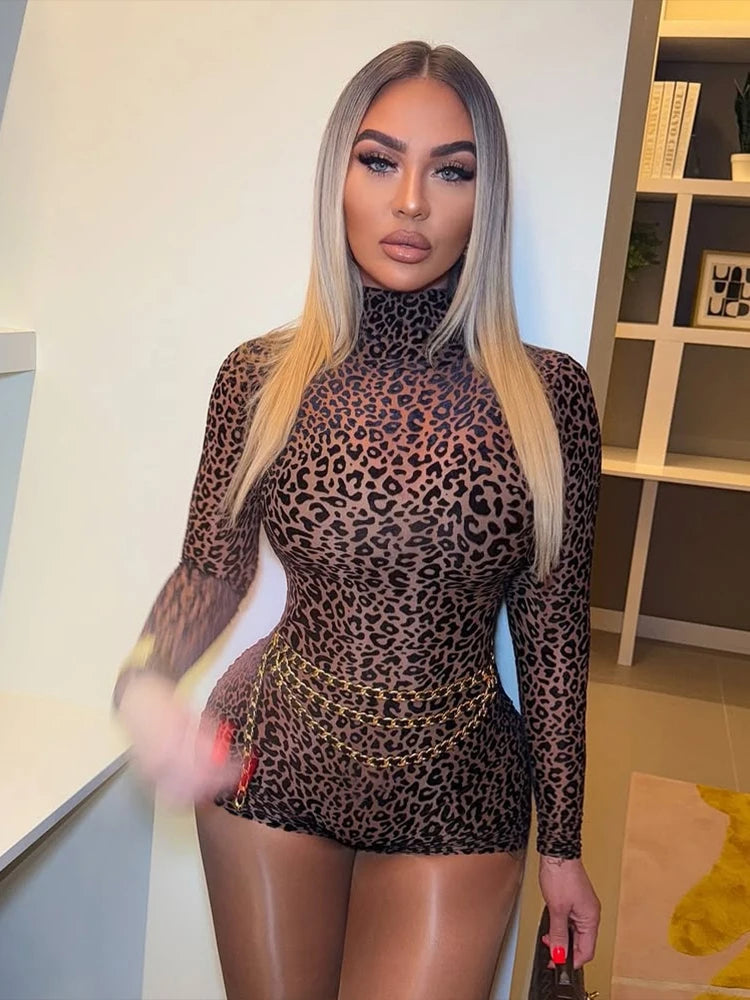 Mono de cuello alto con estampado de leopardo para mujer – Mono ajustado de manga larga