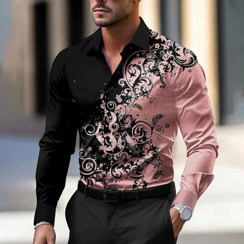Men's Floral Print Dress Shirt - Long Sleeve Button-Up (S-5XL)