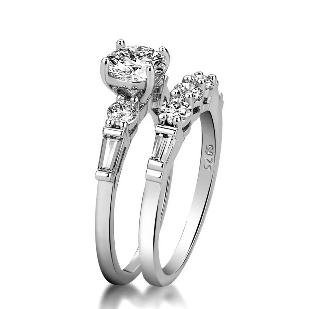 Simulated Diamond Combo Ring | Round & Baguette Cut | Silver Plated Band