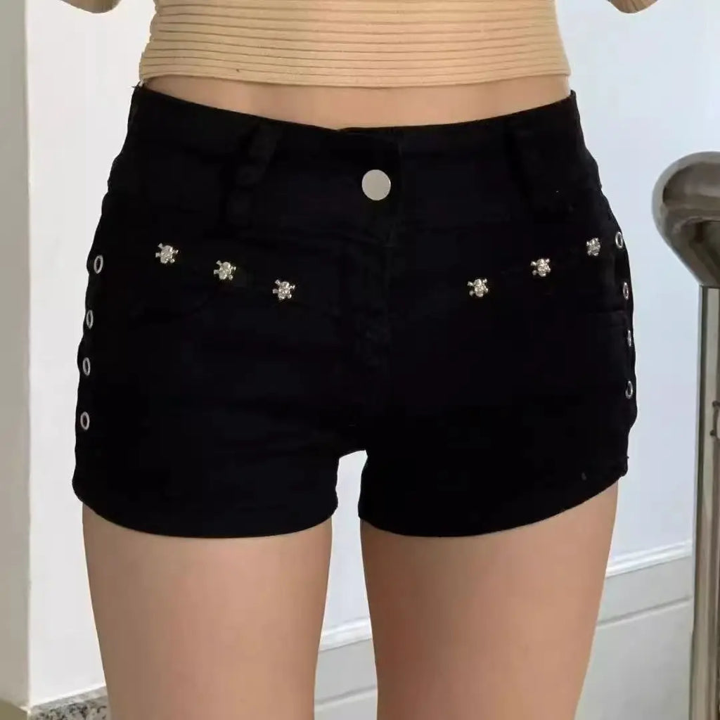 Lace-Up Skinny Denim Shorts – Black