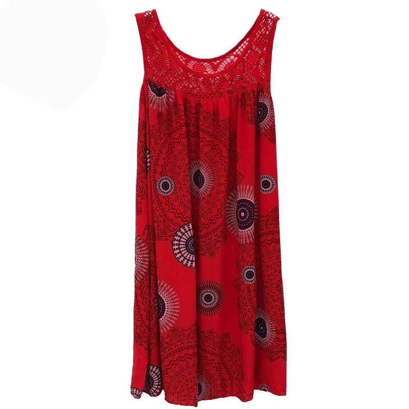 Women's Plus Size Boho Print Swing Dress – Lace Crochet Neck Sleeveless Camisole